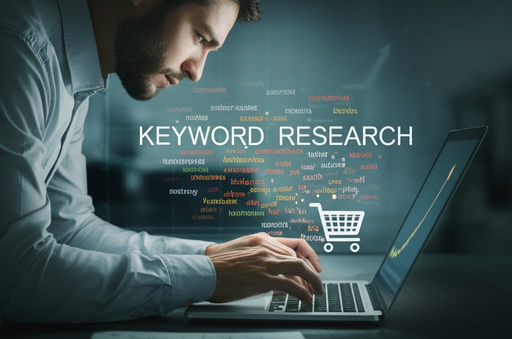E-commerce analyst studying a holographic keyword word cloud, niche phrases to shopping cart, and a sales graph.