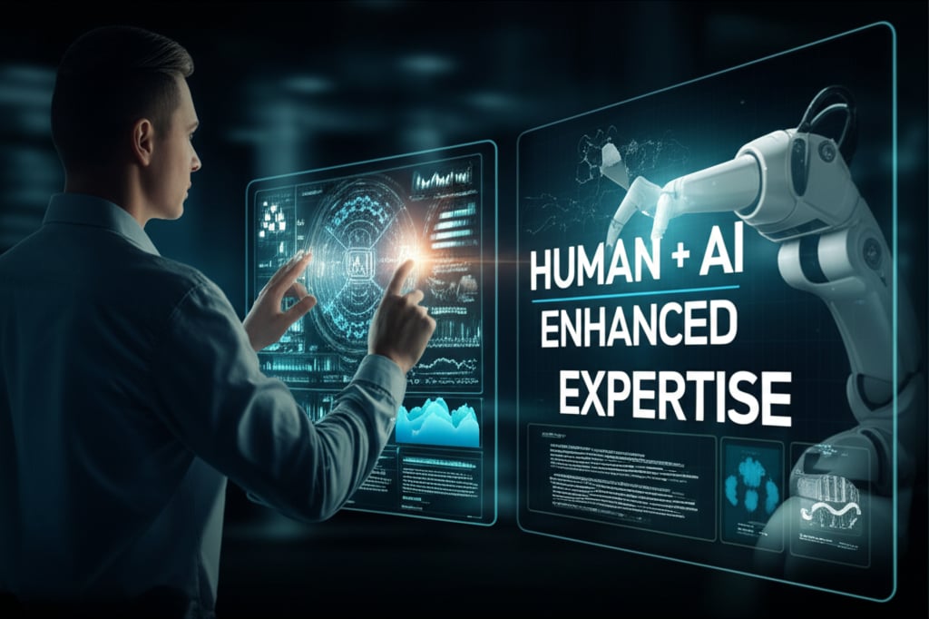 An illustrative image about: A vibrant, high-tech cinematic shot of a human expert (clean, modern attire) collaboratively working