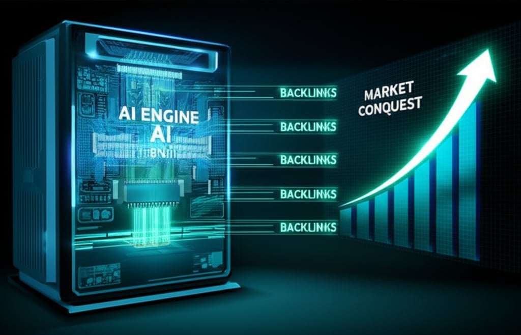 Futuristic AI engine glowing blue and green, processing data into content and backlinks for market conquest.