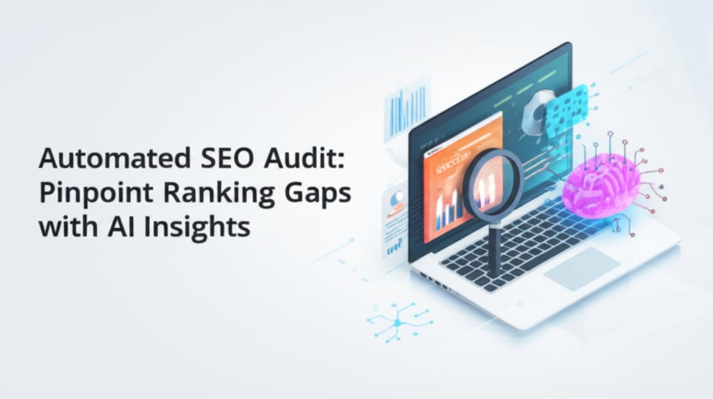 A modern image with a laptop displaying highlighted SEO ranking gaps, a magnifying glass, and a glowing AI brain for automated insights.