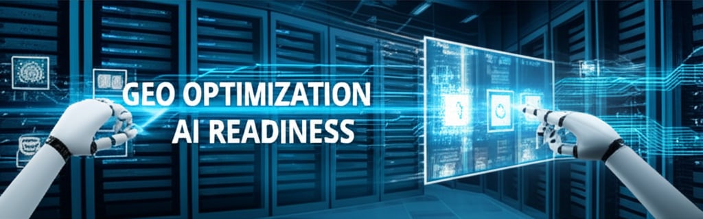 A futuristic, clean, and intricate visualization of a website's technical backend being meticulously optimized for AI. Robotic hands or glowing AI interfaces are seen interacting with code, server racks, and content elements. Data streams flow smoothly, illustrating efficiency and precision. In the background, abstract representations of search engines and AI models are visible. Text on image: 'GEO OPTIMIZATION', 'AI READINESS' in large, modern fonts. High-tech, digital art, ultra-detailed.