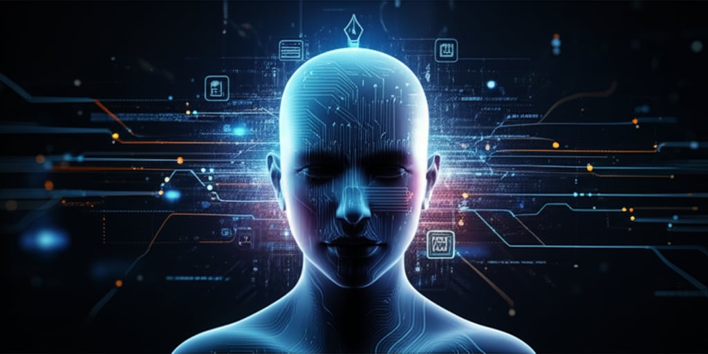 An illustrative image about: An iconic, surreal AI-enhanced human profile, rendered with subtle digital circuitry and ethereal li