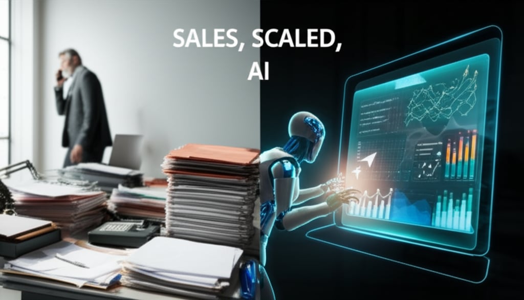 A sleek, modern office setting. On one side, a founder looks relieved, stepping away from a chaotic desk filled with manual sales tasks (e.g., piles of files, a ringing phone). On the other side, a sophisticated AI interface or a humanoid AI assistant is efficiently managing a clear, glowing digital sales pipeline, converting leads represented by upward-trending charts. The scene conveys transformation from manual to automated, scaled sales. Text overlay: 'SALES, SCALED, AI'.