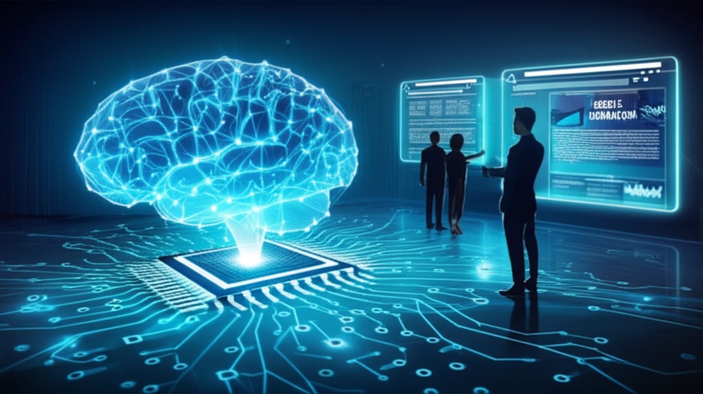 An illustrative image about: A powerful, futuristic digital illustration. In the foreground, a prominent, abstract AI brain or co