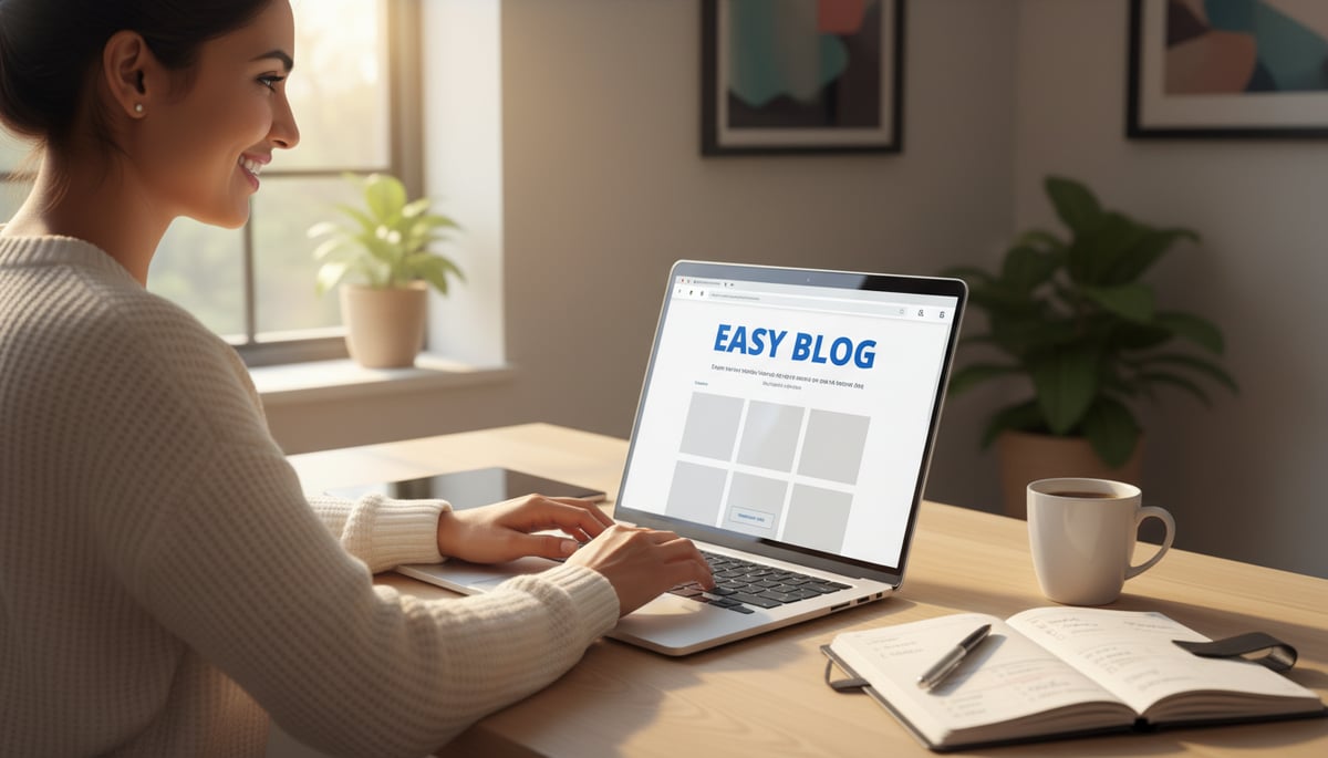 A diverse small business owner, looking relieved and smiling, quickly typing on a sleek, minimalist laptop in a sunlit, modern home office. The laptop screen prominently displays a clean, user-friendly blogging interface with large, bold text: "EASY BLOG". A half-empty coffee cup and a neatly organized planner are beside the laptop, suggesting a busy but managed schedule. Soft, warm lighting, shallow depth of field, digital art, photorealistic.