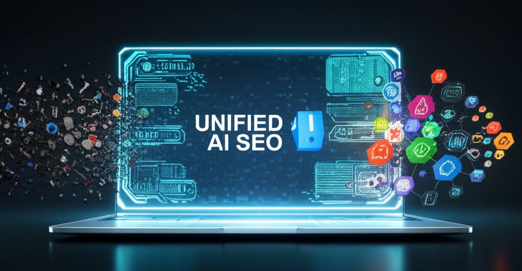 An illustrative image about: A sleek, minimalist central dashboard display glowing with integrated SEO metrics and tools. On one 