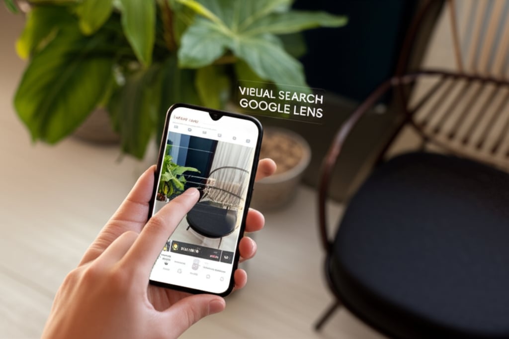 An illustrative image about: A cinematic, high-angle shot of a hand holding a smartphone, actively using Google Lens to scan a re