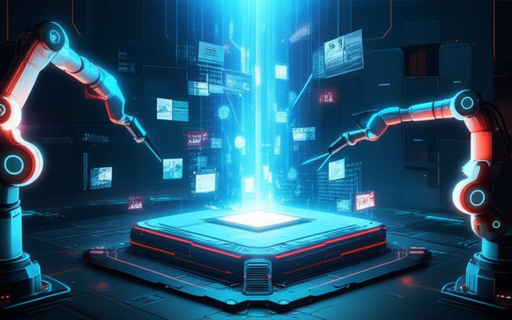 An illustrative image about: A vibrant, futuristic AI core engine pulsating with energy, generating streams of dynamic data and a