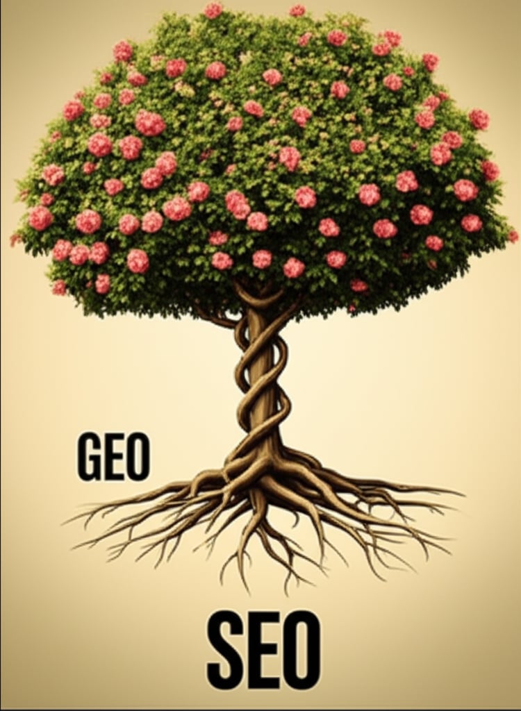 A tree labeled SEO provides a foundation for a vine labeled GEO, symbolizing a symbiotic relationship.