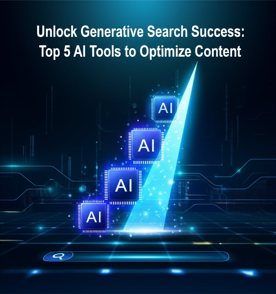 Futuristic digital art: glowing AI tools and a '5' above a generative search bar, with an ascending light beam.