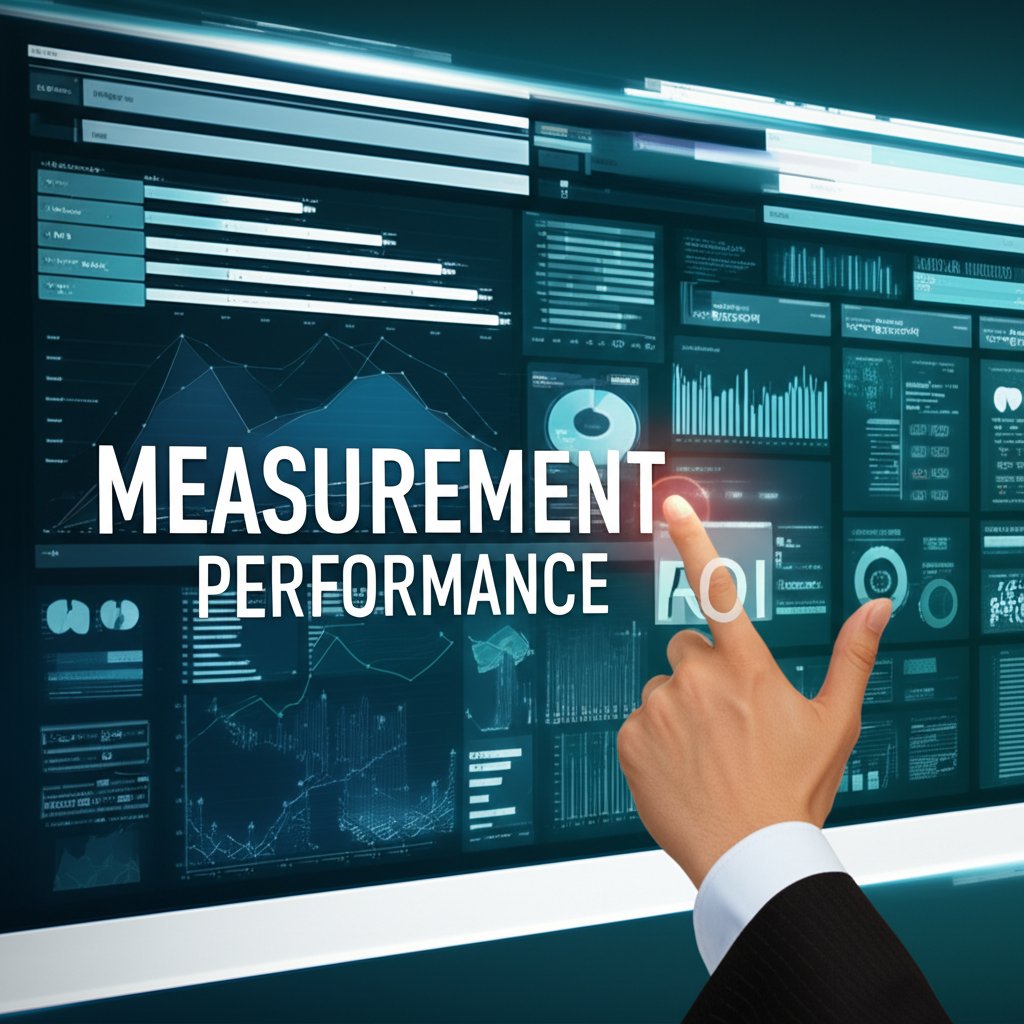 A clean, modern analytics dashboard displaying various charts and graphs representing website traffic, conversions, and citation tracking. A hand points to a key metric, symbolizing measurement and ROI. Keywords in large, clear fonts: MEASUREMENT, PERFORMANCE, ROI.