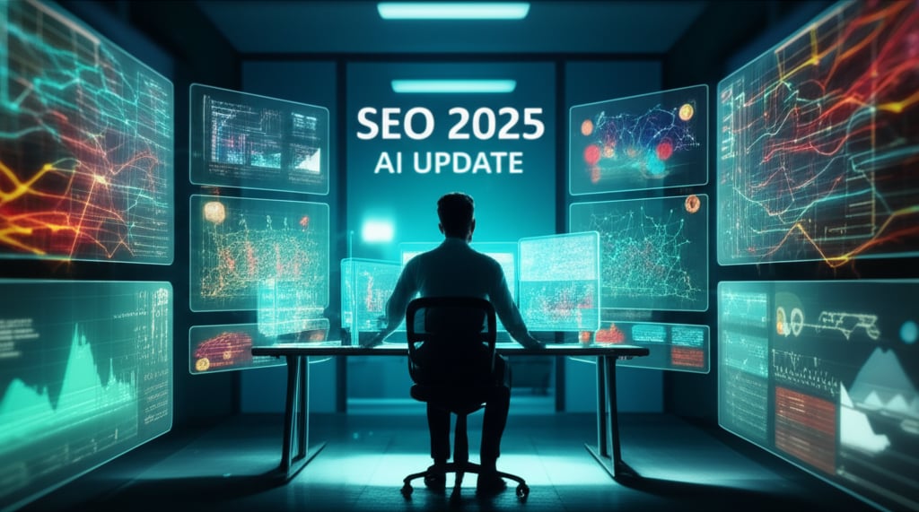 A highly detailed, futuristic digital art illustration visualizing the impact of Google's AI updates on SEO for 2025. The central figure is a focused SEO strategist, possibly a young professional with intelligent features, positioned in a high-tech control room or office. They are surrounded by multiple transparent, interactive holographic displays showcasing complex, dynamic data graphs, keyword trends, and algorithm insights, all glowing with soft blue and green light. In the background, abstract, flowing neural network patterns in Google's signature vibrant colors (red, yellow, blue, green) subtly weave through the environment, representing advanced AI. Large, glowing, stylized text 'SEO 2025' and 'AI UPDATE' is prominently featured in the foreground, indicating the core theme. The scene conveys a sense of intellectual engagement, strategic adaptation, and the complex challenge and opportunity presented by AI in search engine optimization, set against a backdrop of innovation and evolving digital landscapes. Sharp focus, intricate details, cinematic lighting, conceptual art.