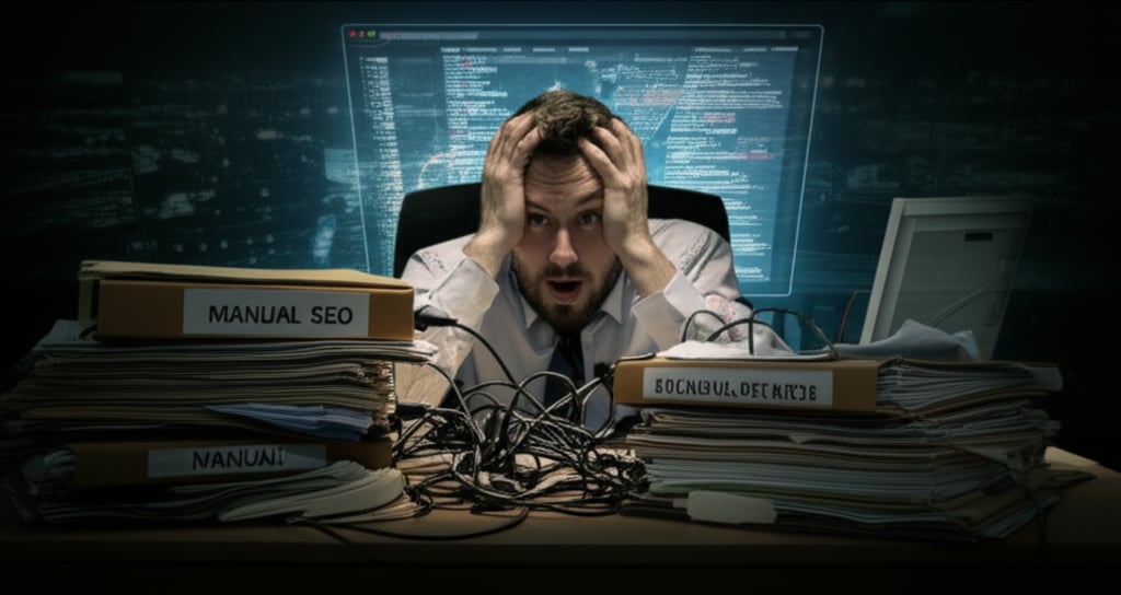 An illustrative image about: A distressed small business owner, looking overwhelmed at a dimly lit desk, surrounded by tangled wi