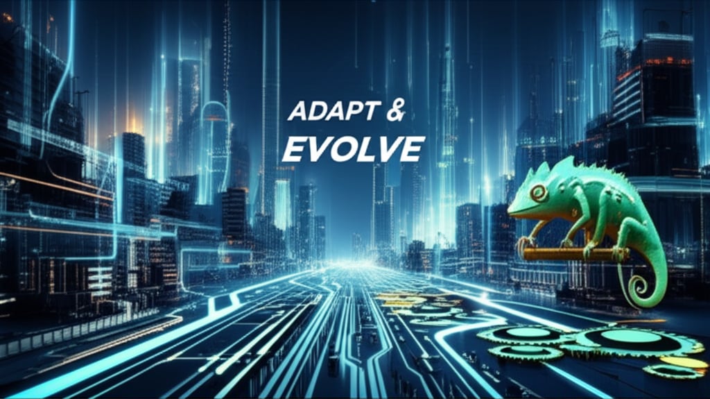 A vibrant, futuristic cityscape evolving and adapting in real-time, built from data streams and light. Digital pathways shift and grow upwards, representing continuous improvement and agility. In the foreground, stylized gears turn with data flowing through them, and an abstract, chameleon-like digital entity observes and adjusts. Text overlay: "ADAPT & EVOLVE" in a dynamic, forward-leaning font. The scene conveys constant change, learning, and strategic adjustment. Wide aspect ratio, sci-fi concept art, glowing elements.
