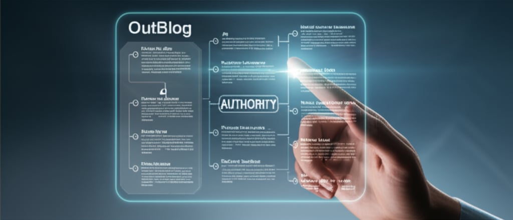 A human hand interacts with a glowing OutBlog AI interface projecting a detailed blog outline featuring AI and AUTHORITY.
