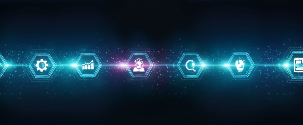 An illustrative image about: A highly detailed, cinematic wide shot of a futuristic digital content **AUTOMATION PIPELINE** with