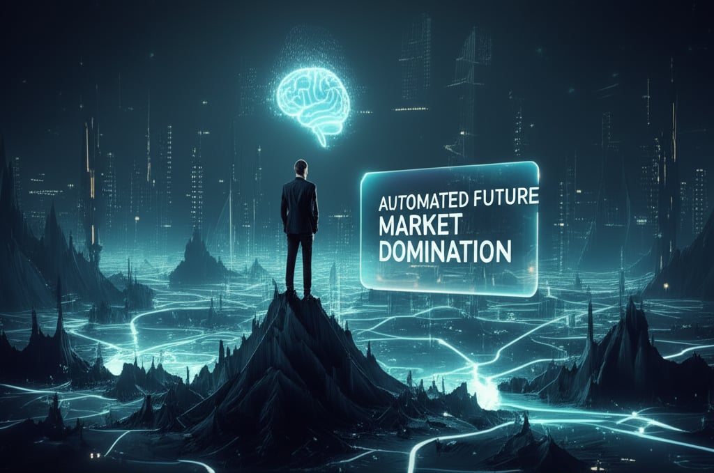 An illustrative image about: A visionary founder standing confidently at the peak of a digital mountain, overseeing a vast, inter