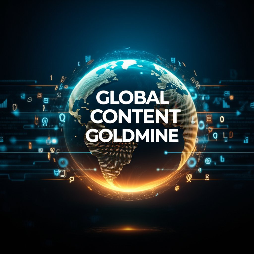 A bold 'GLOBAL CONTENT GOLDMINE' text atop a glowing digital globe, surrounded by golden data streams and symbols of many languages.
