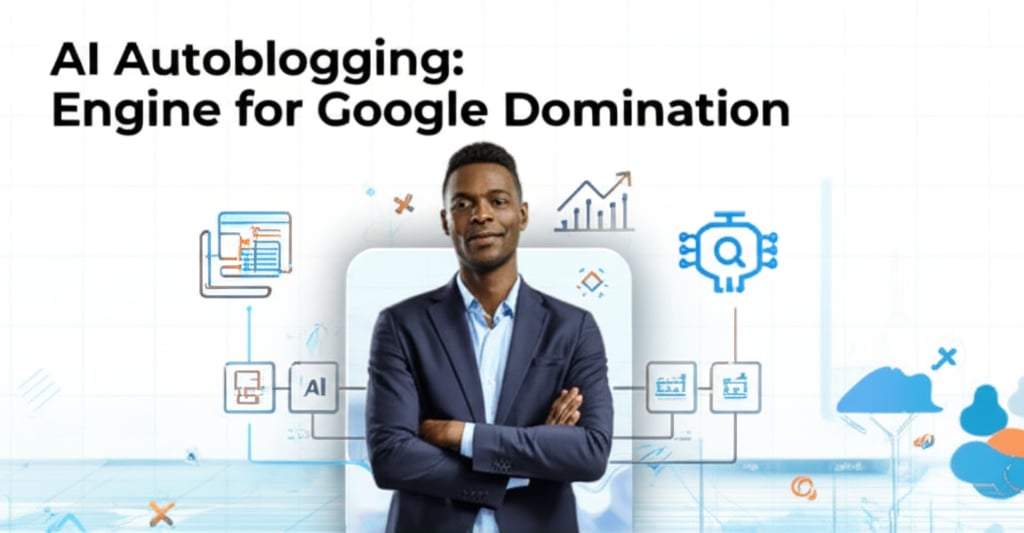 A modern tech graphic for 'AI Autoblogging' features a business leader with abstract data flow and Google growth symbols.