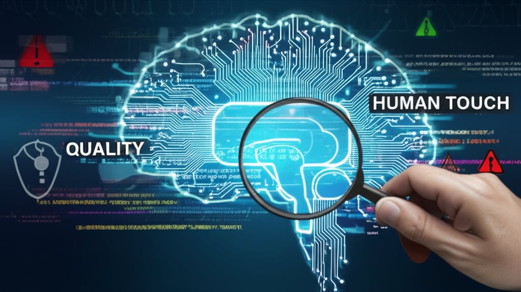 A digital brain, partially obscured by a human hand holding a magnifying glass, meticulously inspecting glowing lines of code and text for errors. Abstract representations of plagiarism warnings and a 'quality' shield are visible in the background. Text overlay: 'QUALITY', 'HUMAN TOUCH'. Conceptual, detailed, cyber-human contrast.