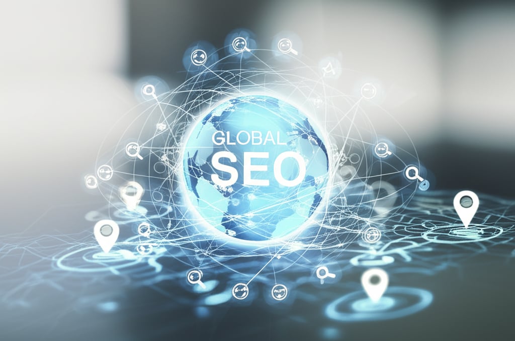 Abstract illustration of a globe with search icons merging with a local map, symbolizing global and local SEO synergy.