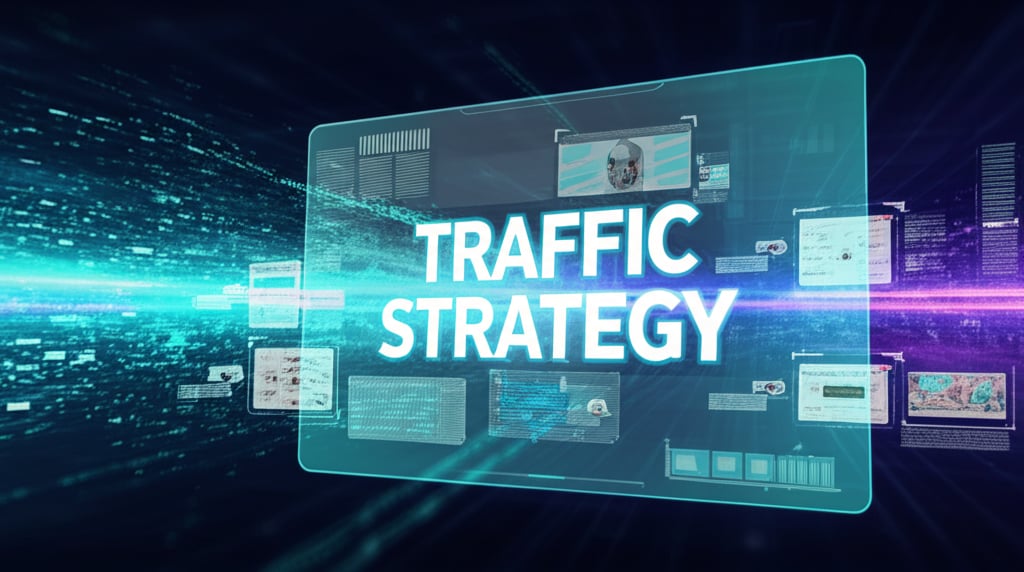 A futuristic digital interface showing flowing data streams and competitive insights. A large, transparent overlay screen displays keywords "TRAFFIC" and "STRATEGY" in bold, glowing fonts. The background features abstract representations of competitor websites and AI chatbot interactions. Color palette: blues, greens, and purples.