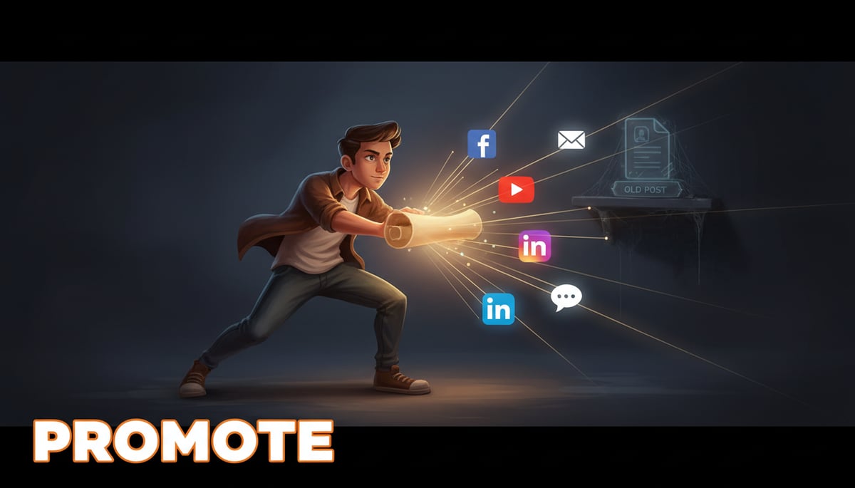 A vibrant, illustrative image depicting a person with a determined expression, actively engaged in promoting content. They are confidently holding a stylized document, from which rays of light and small, distinct icons (representing social media platforms, an email envelope, and community forums) are energetically radiating outwards, signifying wide and strategic distribution. In the background, a dimly lit, neglected piece of content sits alone on a digital shelf or a forgotten corner, representing the 'publish and pray' approach. The contrast between active promotion and passive waiting is clear. Text on the image in a large, bold font reads: 'PROMOTE'. The style is grounded and illustrative, avoiding any futuristic elements.
