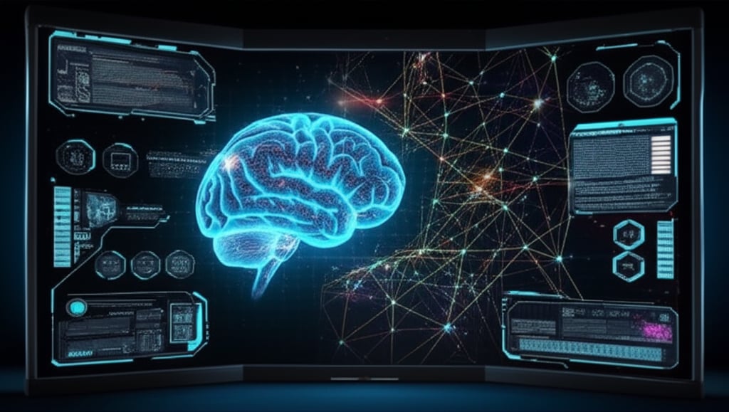 An illustrative image about: A sleek, futuristic AI interface on a large holographic screen, displaying a complex network of data