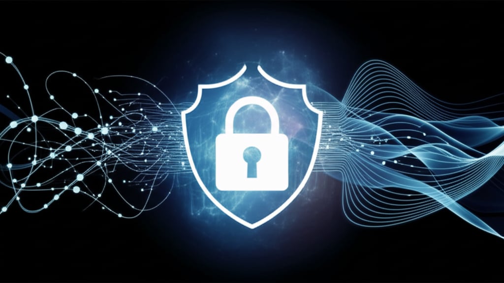 Sophisticated abstract art featuring glowing AI networks, a central data privacy shield, and evolving patterns for content's future.