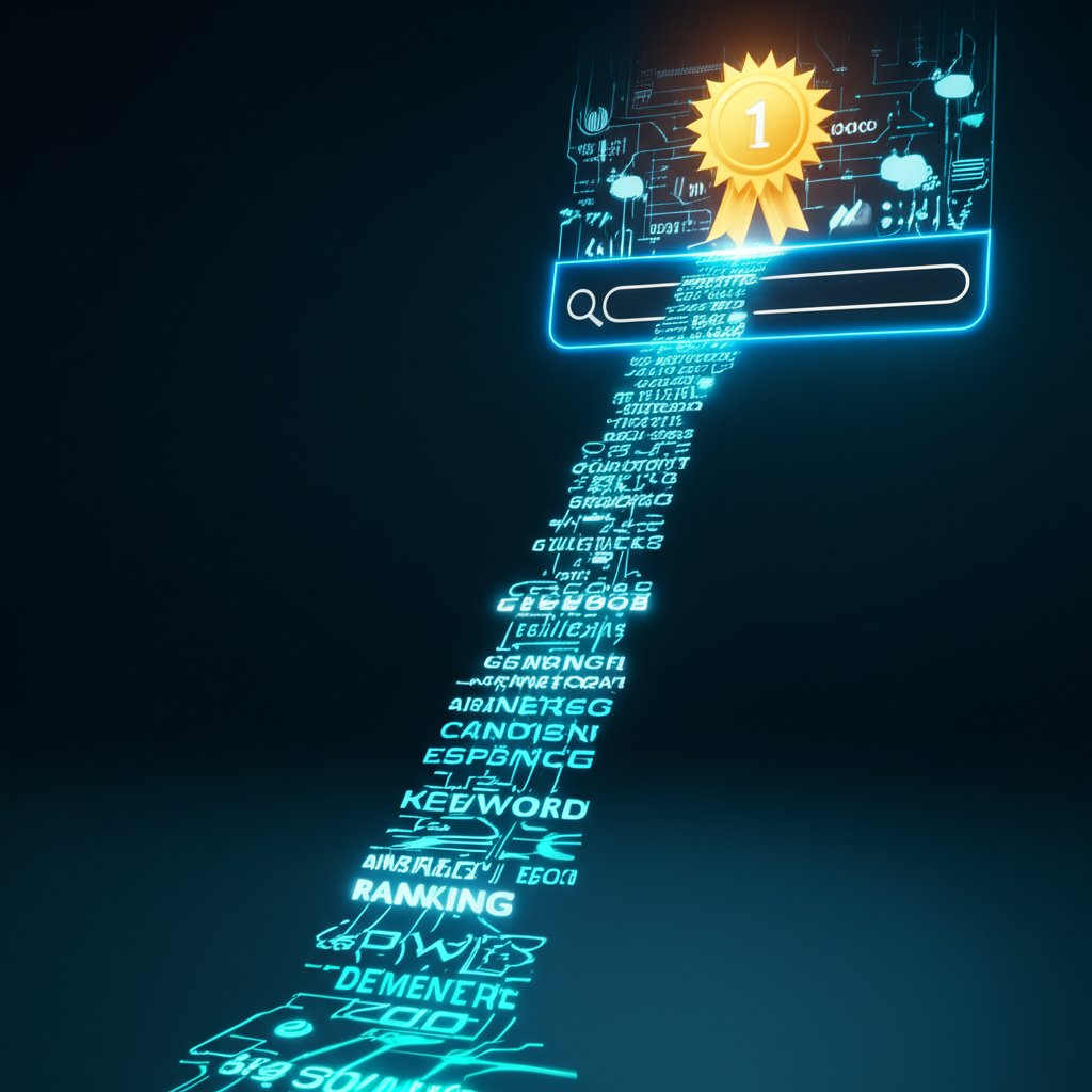 An illustrative image about: A sleek, digital content piece, depicted as a glowing data stream, rapidly ascends a vibrant, futuri