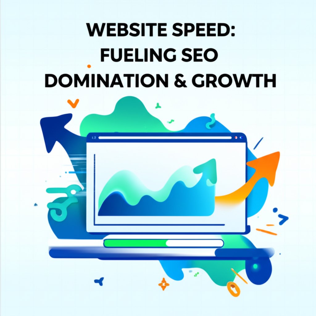Website Speed: Fueling SEO Domination & Growth on a browser showing rapid growth and speed, with vibrant geometric shapes.