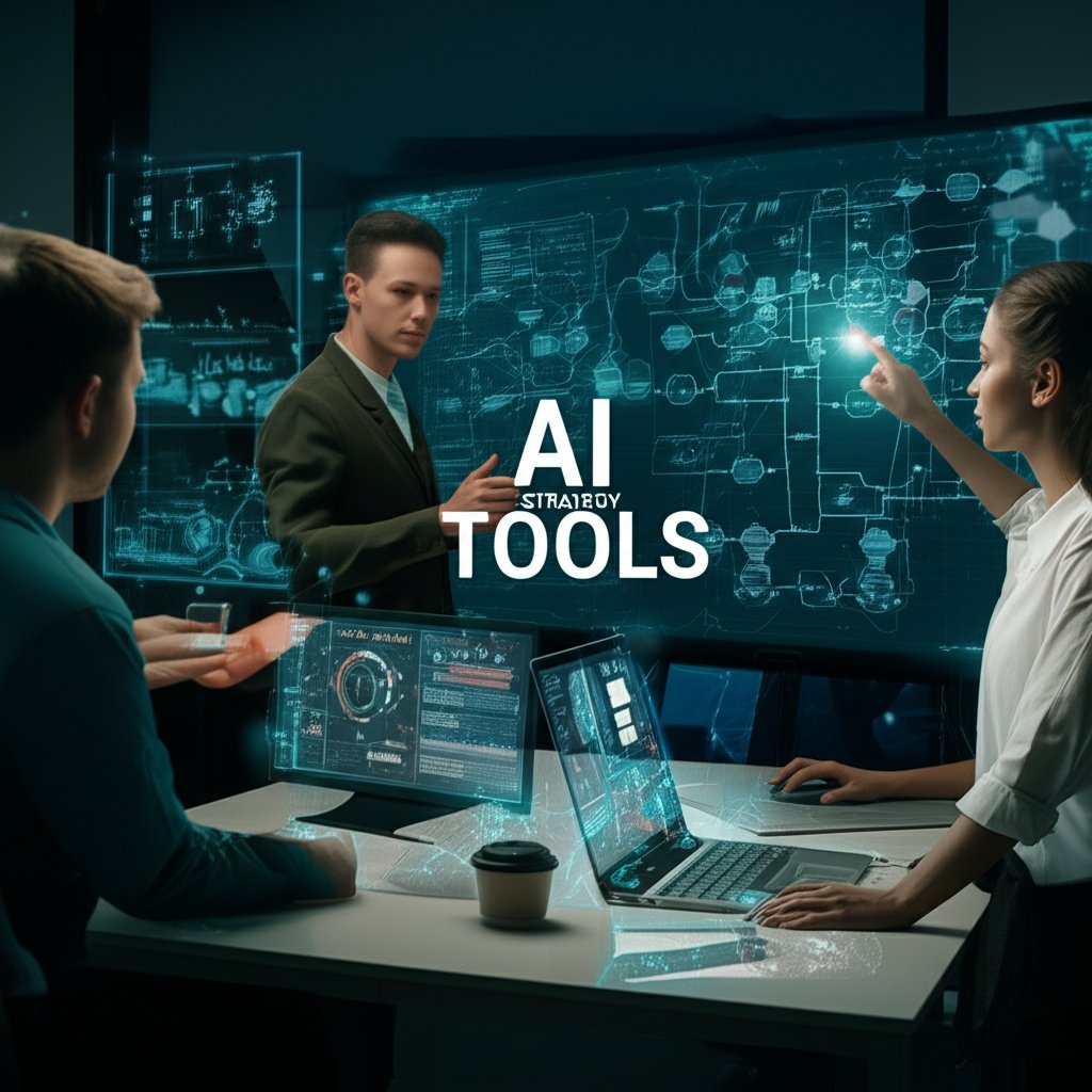 A vibrant, panoramic image of a modern marketing team actively collaborating in a digital environment. They are surrounded by holographic interfaces displaying various SEO tools, AI algorithms, and content strategies. One team member points to a screen with data, another types on a keyboard, and a third observes a complex workflow. Elements of AI and data streams are subtly integrated into the background. Large, prominent text overlayed in the scene reads "AI STRATEGY" and "TOOLS".