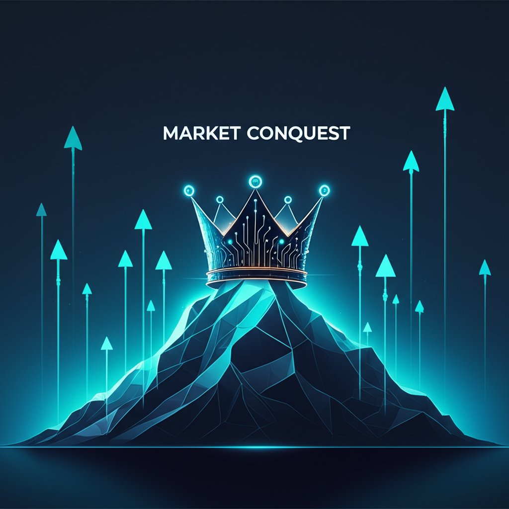 A majestic digital crown, intricately designed with subtle AI circuitry patterns and glowing accents, resting securely on a stylized, abstract mountain peak. Below the peak, a network of glowing digital lines and arrows points directly upwards, signifying #1 Google rankings and ultimate market authority. The overall image exudes power, achievement, and dominance in the digital realm. Large, prominent text overlay: "MARKET CONQUEST".