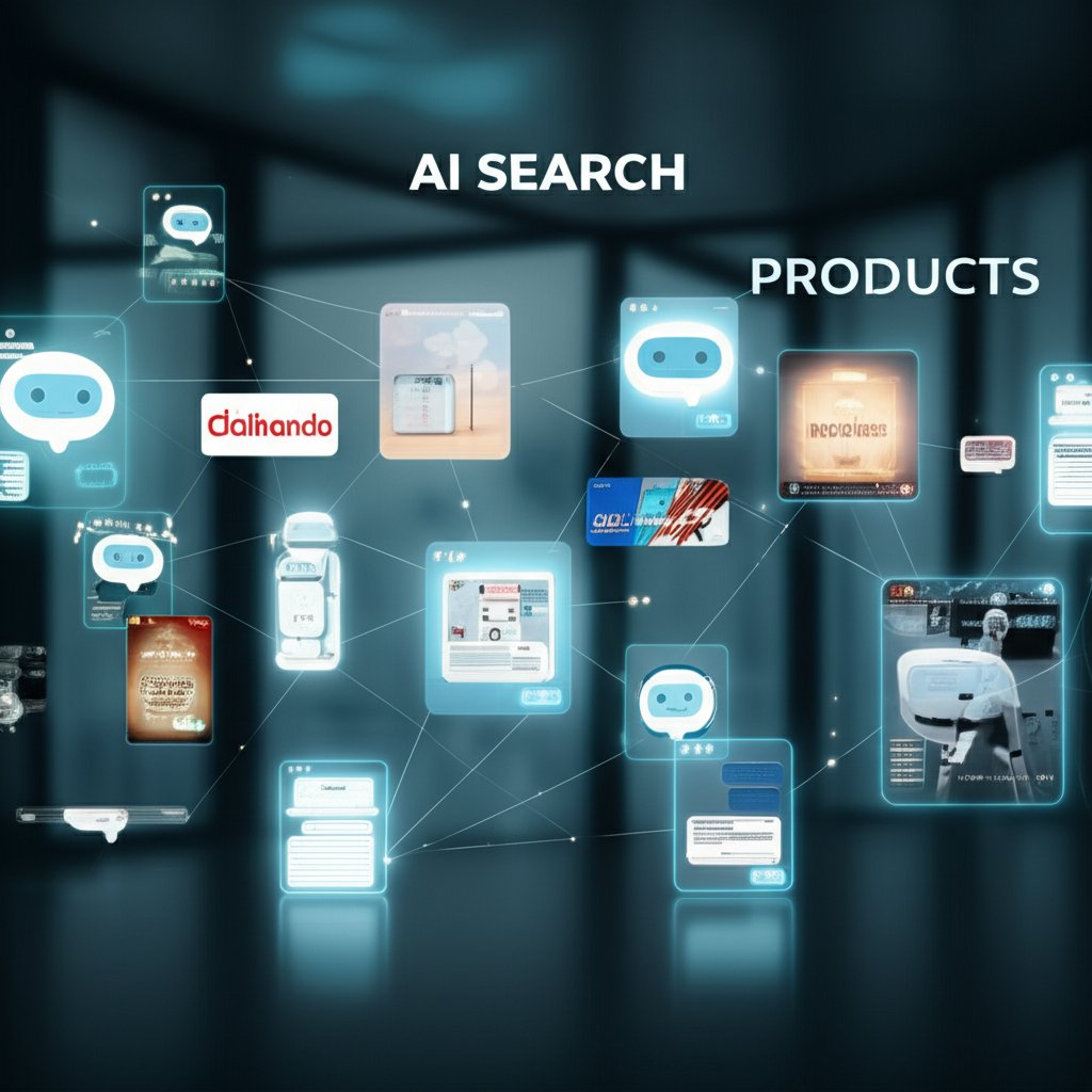 A conceptual image depicting a network of glowing AI interfaces (like chatbots and virtual assistants) in a modern digital space. Overlay text "AI SEARCH" and "PRODUCTS" in futuristic fonts. Abstract lines connect the AI interfaces to product images and brand logos, symbolizing visibility and recommendations.