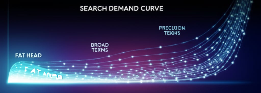 An illustrative image about: A vibrant, futuristic infographic depicting a "Search Demand Curve" graph. The left side shows a lar