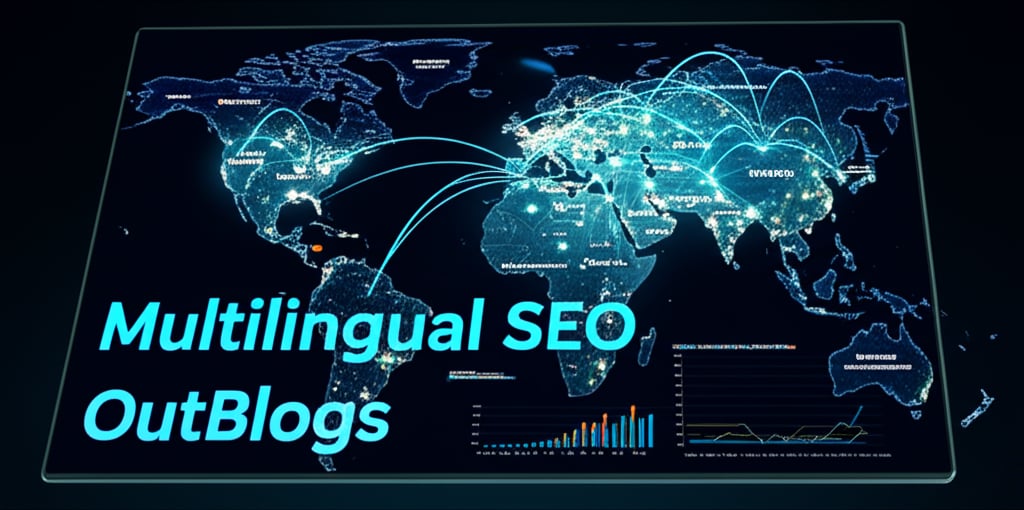 Vibrant digital dashboard with a glowing global map highlighting multilingual SEO, charts, and 'OutBlogs'.