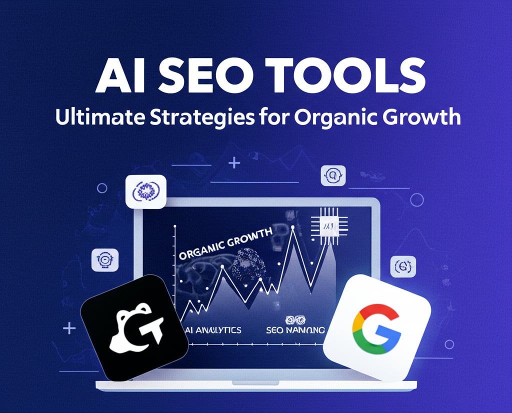 AI SEO TOOLS headline over a laptop displaying an AI SEO organic growth dashboard, with ChatGPT and Google logos.