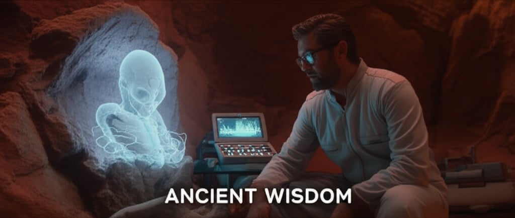 A focused human xenobotanist, Dr. Aris Thorne, observing the stone-like alien Gadathion in a Martian cave.