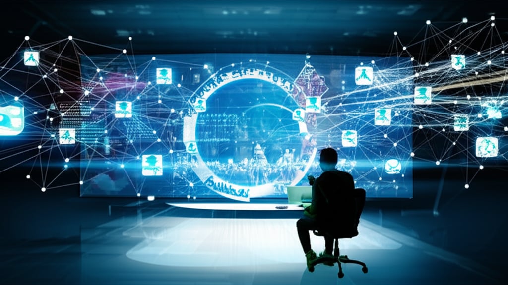 A strategist directs glowing AI agents via a holographic interface, forming a digital growth flywheel in a high-tech control center.