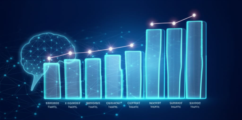 Futuristic graph with glowing points shows exponential growth in traffic, content, and search rankings from AI auto-blogging.