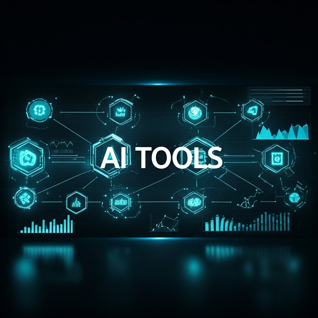 A futuristic, integrated dashboard with various glowing icons representing powerful AI-powered SEO tools (e.g., abstract representations for SEMrush, Ahrefs, Similarweb, Search Atlas). Data streams and graphs connect them, illustrating comprehensive competitor keyword analysis. Large text overlayed: "AI TOOLS".