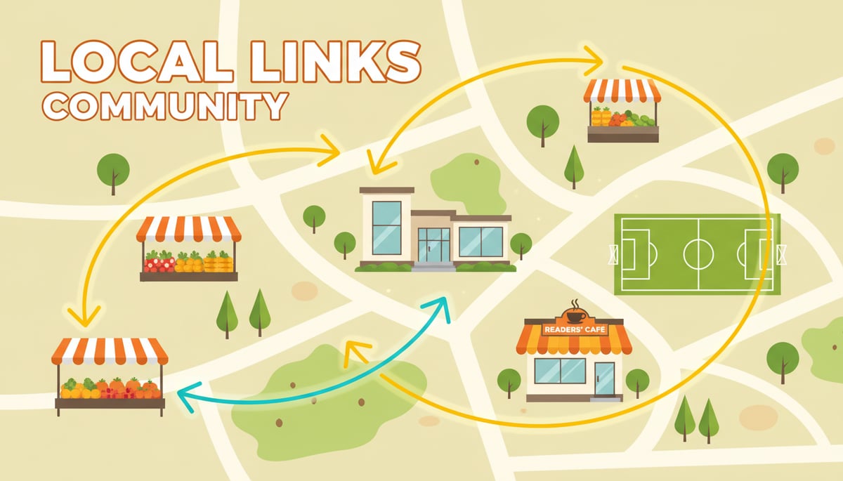 A vibrant, illustrative graphic showing a network of interconnected local businesses.