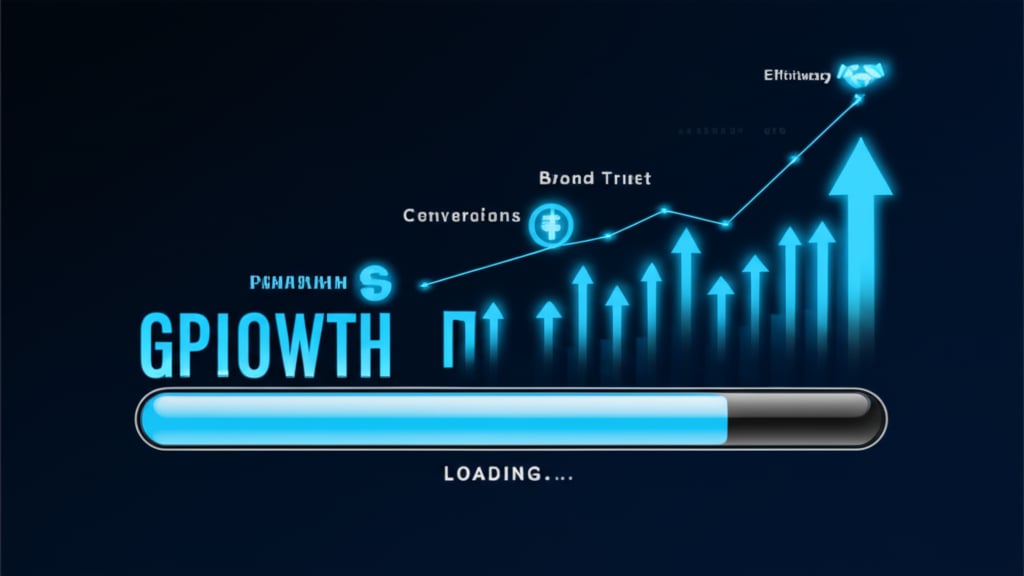 Modern infographic illustrating a website's positive business impact, featuring a fast loading bar, upward growth, conversions, and brand trust.