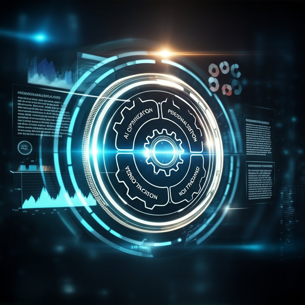 An illustrative image about: An intricate, glowing digital flywheel mechanism in motion, surrounded by abstract representations o