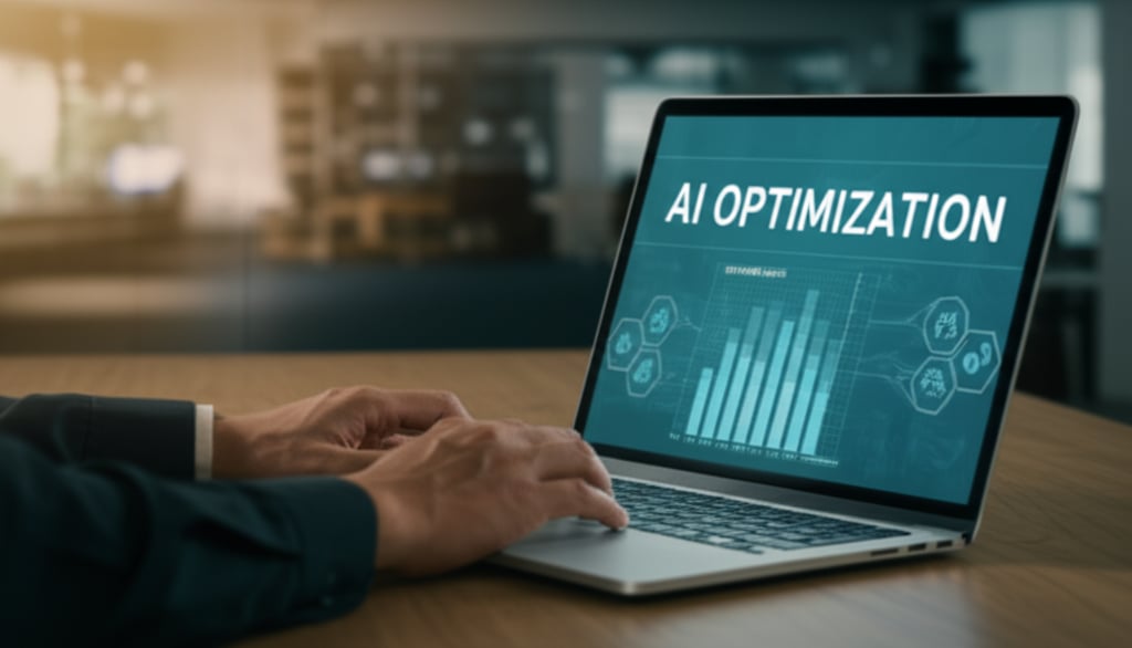 A professional in a modern office uses a laptop with an 'AI OPTIMIZATION' dashboard, showing keyword clusters, audits, and linking.