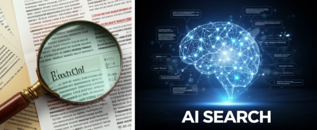 An illustrative image about: A split image. On the left, an old, dusty magnifying glass over a cluttered pile of paper documents