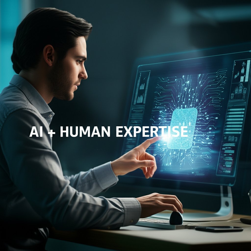 An illustrative image about: A professional human content creator and a glowing, abstract AI interface collaboratively working on