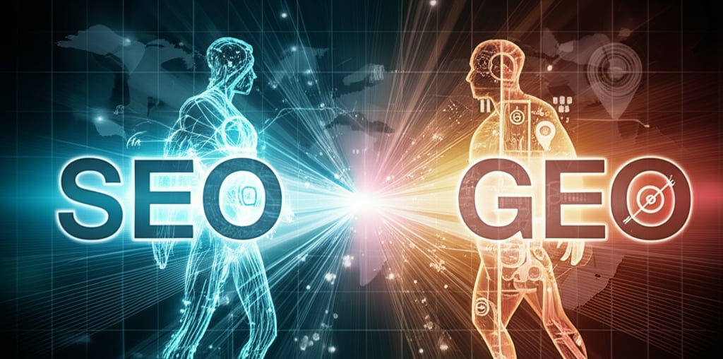 Dramatic digital illustration depicting 'SEO' (blue, data networks) battling 'GEO' (orange, geographic maps) in a strategic showdown.