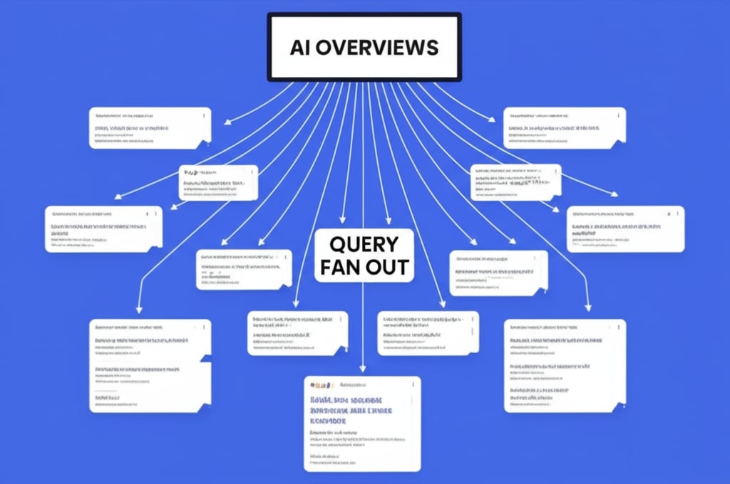 A diagram illustrating Google's AI Overviews and the Query Fan Out mechanism.