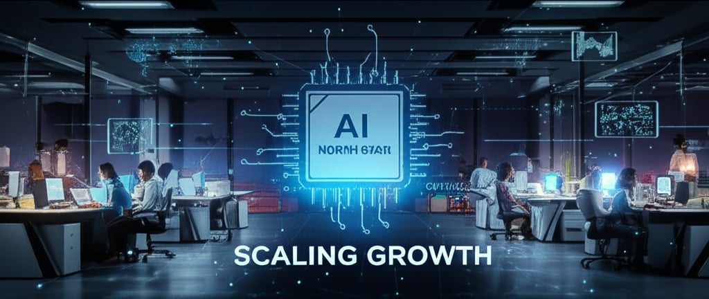 A futuristic, sleek digital agency office at night, with a luminous, stylized AI icon in the sky acting as a guiding 'North Star'. The office lights are on, showing a diverse team working collaboratively, looking towards the guiding light. Digital data streams flow around them, symbolizing efficiency and data-driven decisions. Text in image: 'AI North Star', 'Scaling Growth' in large, modern fonts. Panoramic view, cinematic lighting, high-tech aesthetics, 8K, ultra-detailed.